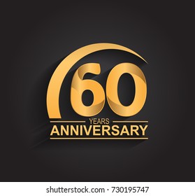 60 years anniversary celebration. Anniversary logo with swoosh and elegance golden color isolated on black background, vector design for celebration, invitation card, and greeting card