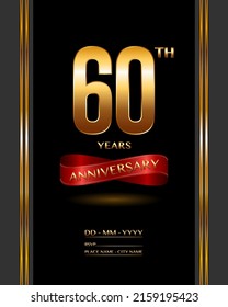 60 years anniversary celebration logotype with elegant gold color and ribbon for booklet, leaflet, magazine, brochure poster, banner, web, invitation or greeting card. Vector illustrations.