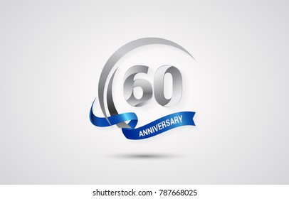 60 Years Anniversary Celebration Logotype. Silver Elegant Vector Illustration  with Swoosh,  Isolated on white Background can be use for Celebration, Invitation, and Greeting card