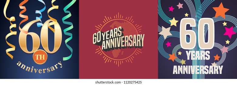 60 years anniversary celebration set of vector icons, logo. Template design element with golden number for 60th anniversary greeting card 