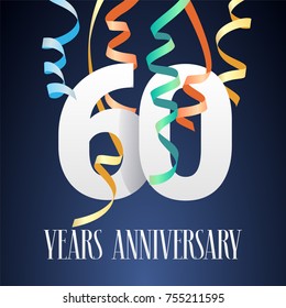 60 years anniversary celebration vector icon, logo. Template design element with modern paper cut out  number and garlands for 60th anniversary card 