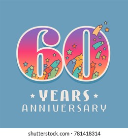 60 years anniversary celebration vector icon, logo. Template design element with bright colored  number for 60th anniversary greeting card 