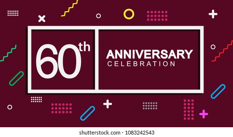 60 years anniversary celebration white square style isolated on dark purple with colorful memphis pattern background, design for anniversary celebration.
