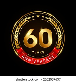 60 years anniversary, golden anniversary celebration logotype with red ribbon isolated on black background, vector illustration