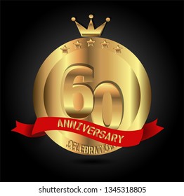 60 years anniversary with golden font, circle, crown, and star with red ribbon. anniversary text on top ribbon. Design like coin or medal with crown on top. Elegant and luxury design
