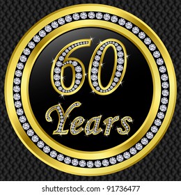 60 years anniversary golden happy birthday icon with diamonds, vector illustration