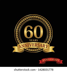 60 years anniversary with golden ring and ribbon, and with golden ring and red ribbon. vector template.