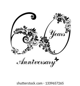 60 years anniversary. Happy birthday card. Celebration background with number sixty and place for your text.  Fresh spring  flowers. Template elements for your birthday party. Vector 