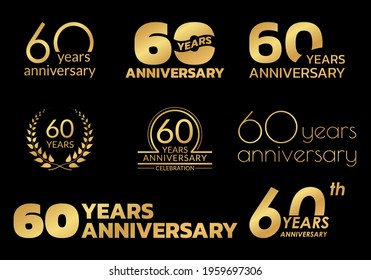 60 years anniversary icon or logo set. 60th birthday celebration golden badge or label for invitation card, jubilee design. Vector illustration.