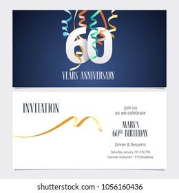 60 Years Anniversary Invitation To Celebrate The Event Vector Illustration. Design Template Element With Number And Text For 60th Birthday Card, Party Invite 