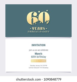 60 years anniversary invitation vector illustration. Template  design element for 60th birthday card, party invite 