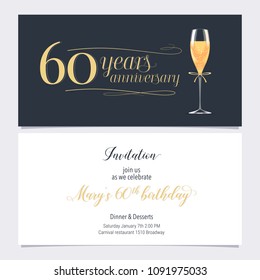 60 Years Anniversary Invitation Vector Illustration. Graphic Design Element With Glass Of Champagne  For 60th Birthday Card, Party Invite 