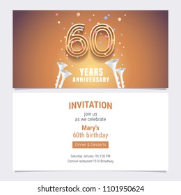 60 years anniversary invitation vector illustration. Graphic design element with golden number and confetti for 60th birthday card, party invite 