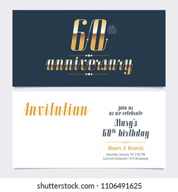 60 years anniversary invitation  vector illustration. Design template element with golden number and bodycopy for 60th birthday card, party invite 