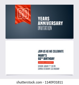 60 years anniversary invitation vector illustration. Template  design element for 60th birthday card, party invite with red banner 