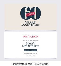 60 years anniversary invitation vector illustration. Graphic design template with elegant logo for 60th anniversary party or dinner invite 