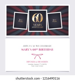 60 years anniversary invitation vector illustration. Graphic design element with photo frame collage for 60th birthday card, party invite 