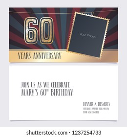 60 years anniversary invitation vector illustration. Graphic design element with photo frame  for 60th birthday card, party invite 