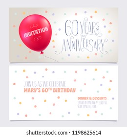 60 years anniversary invite vector illustration. Graphic design element with air balloon for 60th birthday card, party invitation 