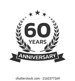 60 years anniversary laurel wreath logo or icon. Jubilee, birthday badge, label or emblem. 60th celebration design element. Vector illustration.