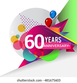 60 Years Anniversary logo with balloon and colorful geometric background, vector design template elements for your birthday celebration.