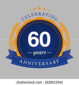 60 years anniversary logo with blue circle frame and blue ribbon