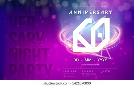 60 years anniversary logo template on purple Abstract futuristic space background. 60th modern technology design celebrating numbers with Hi-tech network digital technology concept design elements.