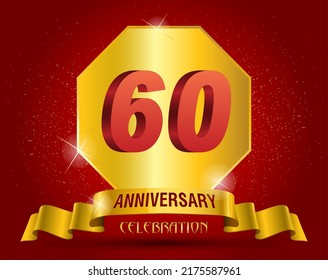60 years anniversary logo template. Red numbers with golden ribbon.
