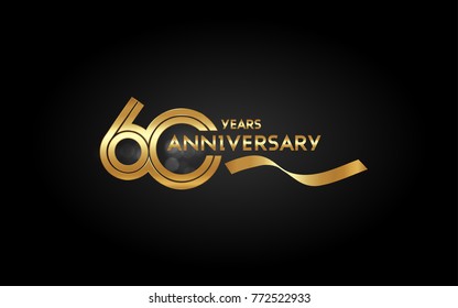 60 Years Anniversary Logotype with  Golden Multi Linear Number and Gold Ribbon, Isolated on Black Background