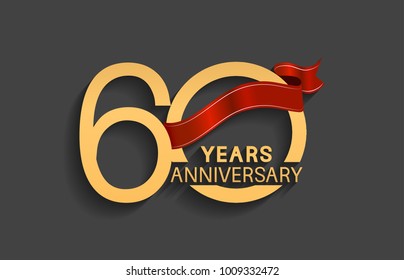 60 years anniversary logotype with red ribbon and golden color for celebration event