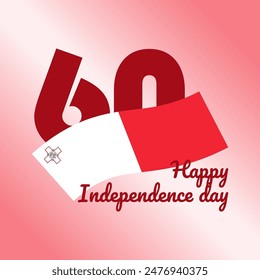 60 years anniversary of Malta Independence Day. Large red number 60 on gradient background. In the center is Maltese flag. Great for logo, card, website, print, design, poster, sticker, social media