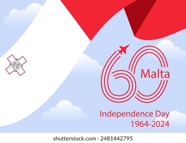 60 years anniversary of Malta Independence Day. Maltese flag is depicted against blue sky with clouds. Red number 60 are drawn as aircraft trails. Great for logo, card, website, print, design, poster