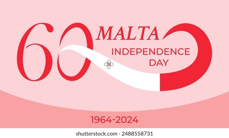 60 years anniversary Malta Independence Day. Greeting banner with number 60 and the Malta flag. Great for logo, card, website, print, design, poster, social media. Vector flat style illustration