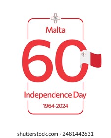 60 years anniversary of Malta's Independence Day. Large red number 60 with Maltese flag. 1964-2024. Great for logo, card, website, print, design, poster, social media. Vector flat style illustration