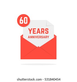 60 years anniversary missive in red envelope. concept of send sms, e-mail, decorative feast, success, advertisement typography. flat style trend modern logotype graphic design on white background