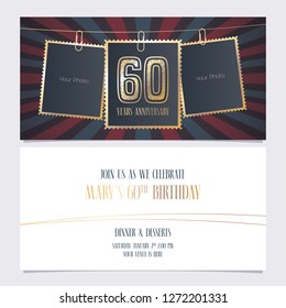 60 Years Anniversary Party Invitation Vector Template. Illustration With Photo Frames For 60th Birthday Card, Invite 