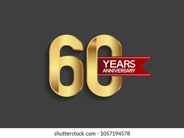 60 years anniversary simple design with golden color and red ribbon isolated on black background for celebration event