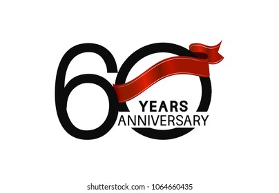 60 years anniversary simple logotype with black color with elegant red ribbon isolated on white background for celebration event