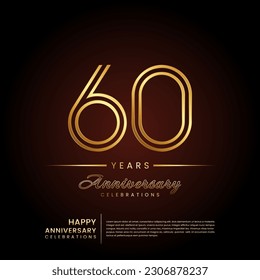 60 years anniversary, anniversary template design with double line number and golden text for birthday celebration event, invitation, banner poster, flyer, and greeting card, vector template