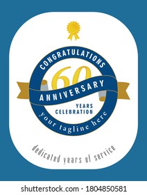 60 Years Anniversary template vector badge logo with blue tape. Luxury Celebration Vector Illustration eps.10  