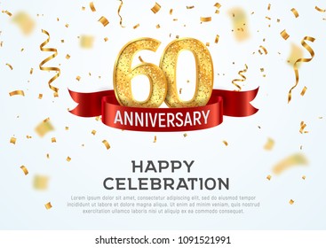 60 years anniversary vector banner template. Sixty year jubilee with red ribbon and confetti on white background