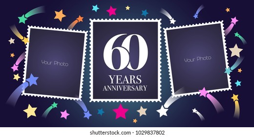 60 years anniversary vector emblem, logo. Template design, greeting card with photo frame collage on festive  background for 60th anniversary 