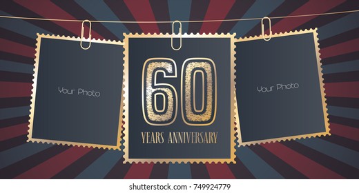 60 Years Anniversary Vector Emblem, Logo. Template Design Element, Greeting Card With Collage Of Empty Photo Frames On Festive Background For 60th Anniversary