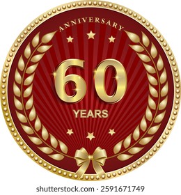 60 years anniversary vector golden design on red  background for celebration, congratulation and greeting card, logo, icon