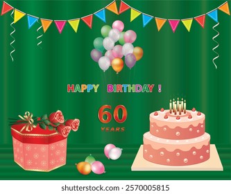 60 years anniversary. Vector happy birthday background design with gift box, rose bouquet and cake with candles. Greeting card decorated with balloons and flags.