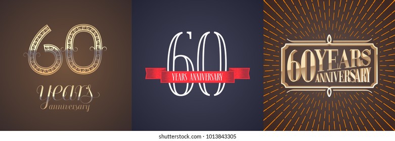 60 years anniversary vector icon,  logo set. Graphic design element with red ribbon and golden number for  celebration of 60th anniversary 