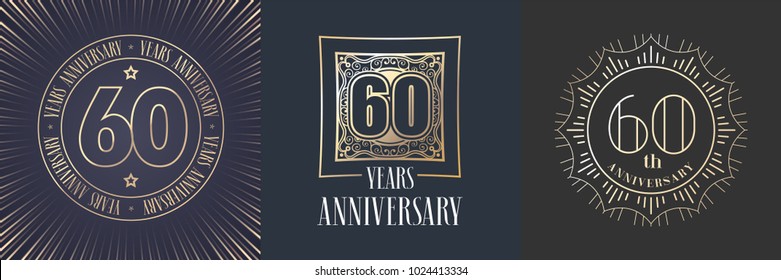 60 years anniversary vector icon,  logo set. Graphic round gold color design elements for 60th anniversary banner 