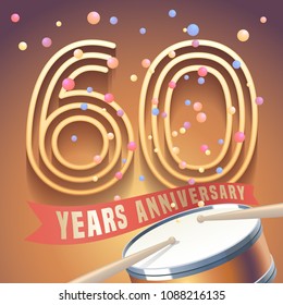 60 years anniversary vector icon,  logo. Design element with golden number and drums on background for 60th anniversary 