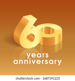 60 years anniversary vector icon, logo. Square design element with 3D golden number on isolated background for 60th anniversary