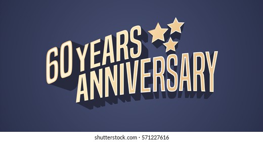 60 years anniversary vector icon, logo. Gold color graphic design element for 60th anniversary birthday card with stars and 3d lettering